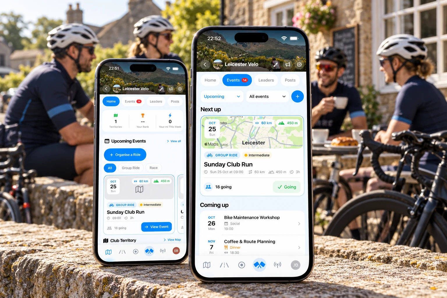 Recreated Atlas club home and events screens at a cycling club café stop